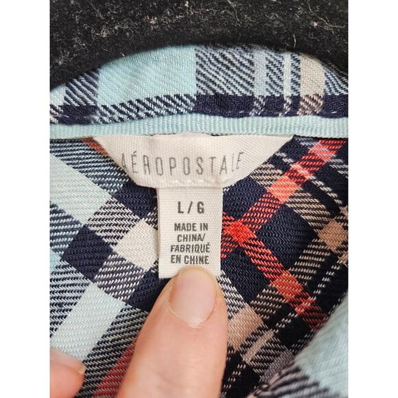 Aeropostale Womens Button Down Flannel L Blue Red Plaid Front Pocket Long Sleeve - Picture 3 of 7